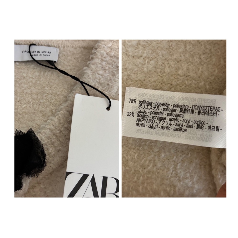 Zara Cardigan Women XL Cream Black Velvet Bows Fringe Trim Textured Knit Jacket - Picture 5 of 7